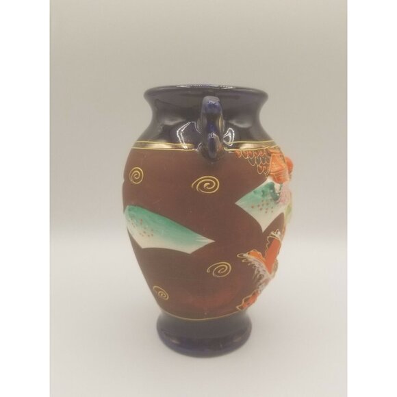 Japanese 1940's Satsuma Ware Vase w Handles Moriage Cobalt Blue Gold Gilt - Picture 4 of 10